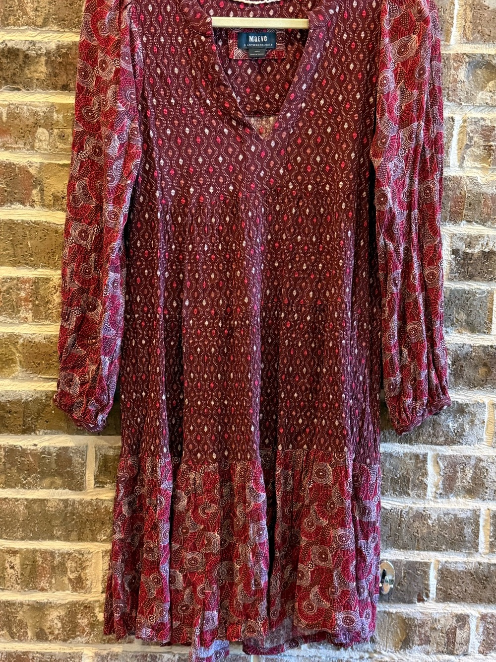 Maeve by Anthropologie Burgundy Mixed Print Tiered Boho Tunic Dress S